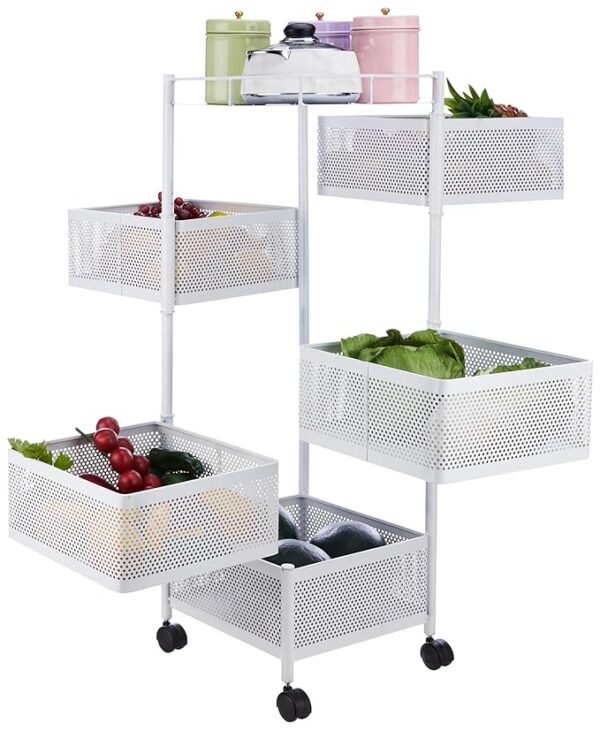 Amazon Brand - Solimo Storage Rack | 5-Layer Revolving Vegetable Kitchen Rack | Square Multipurpose Storage Trolley with Wheels | Metal Fruit Storage Rack | Kitchen Cabinet Spice Rack | White